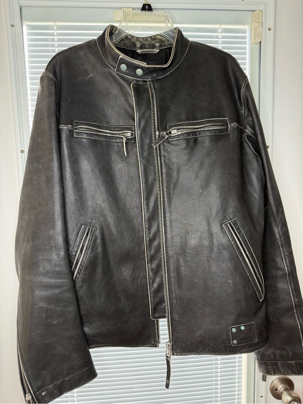 One of kind Diesel Black Leather Bomber Jacket with distressed look